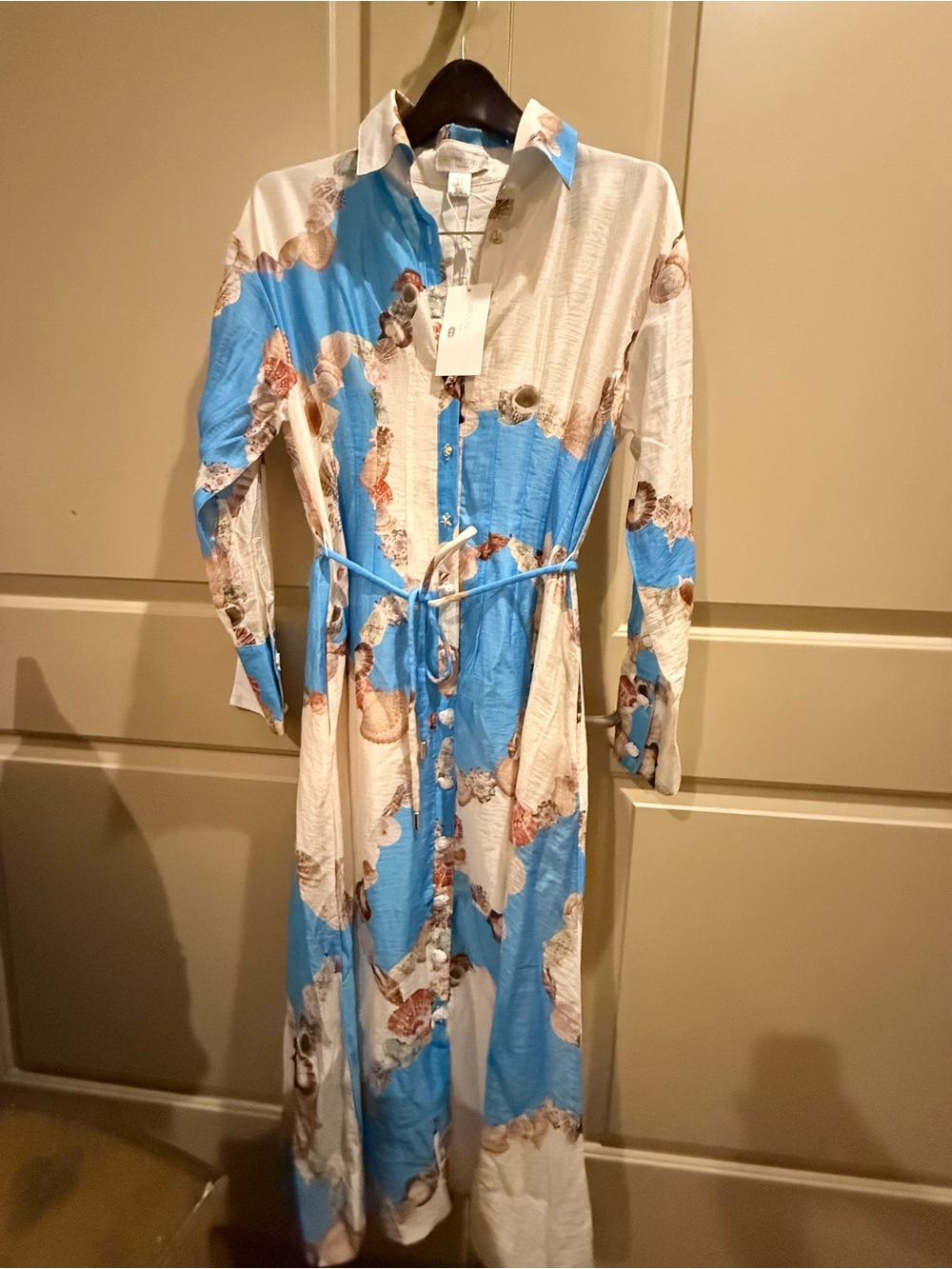 Caroline Constas  Blue White Nautical Maxi Dress Shell Print button NWT Sz S